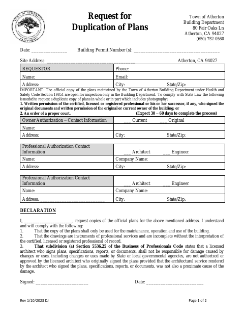 First page of the Request for Duplication of Plans