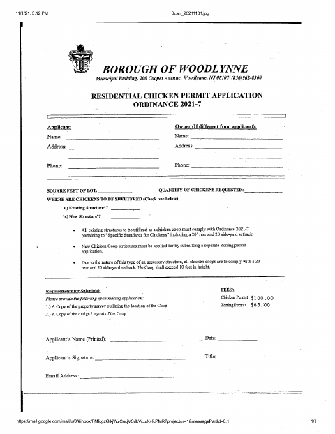 First page of the Residential Chicken Permit Application