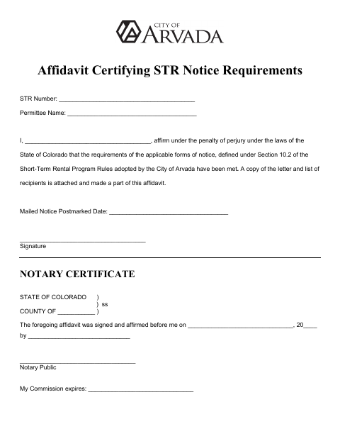 First page of the Affidavit Certifying Short-Term Rental Notice Requirements