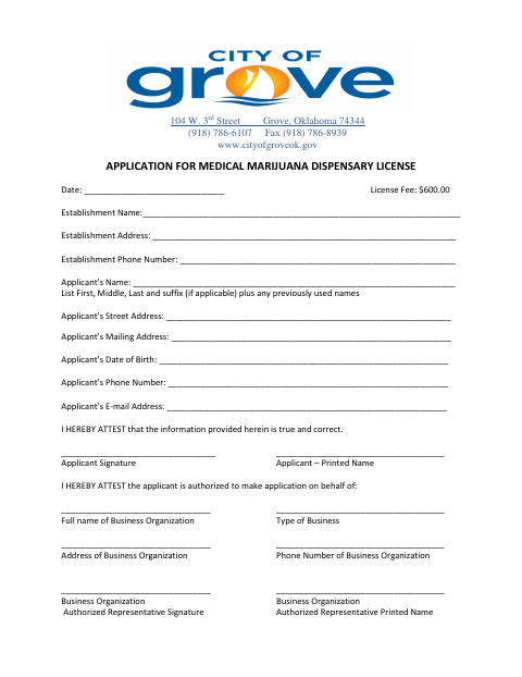 First page of the Medical Marijuana Dispensary License Application