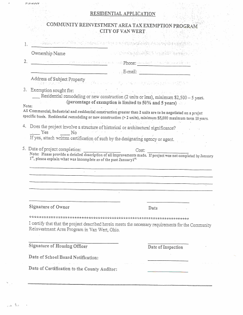 First page of the CRA Residential Application