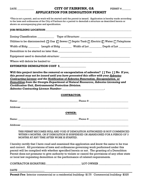 First page of the Application for Demolition Permit