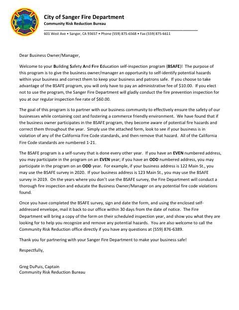First page of the BSAFE Business Self-Inspection Program