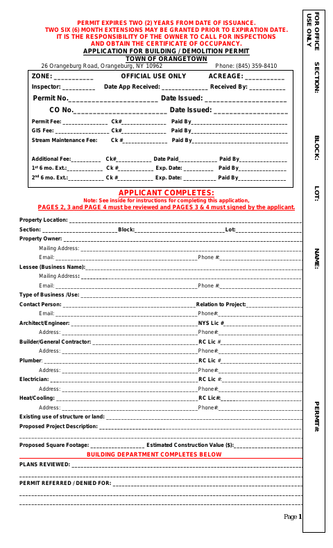 First page of the Building and Demolition Permit Application