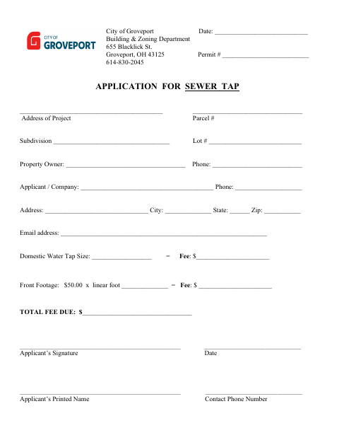 First page of the Application for Sewer Tap