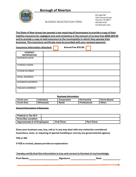 First page of the Business Registration Form
