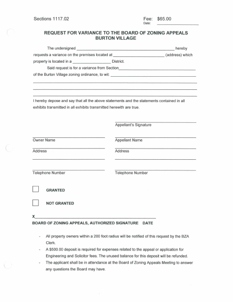 First page of the Request for Variance to the Board of Zoning Appeals