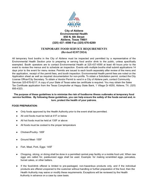 First page of the Temporary Food Service Requirements & Application