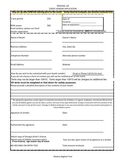 First page of the Event Vendor Application