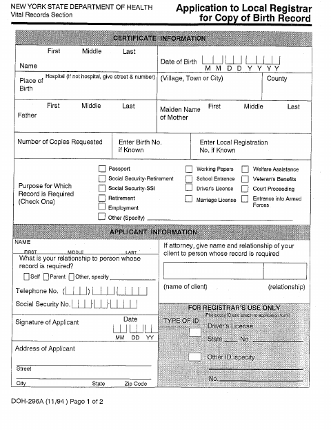 First page of the Application for Copy of Birth Record
