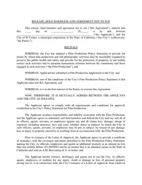 First page of the Release, Hold Harmless and Agreement Not to Sue