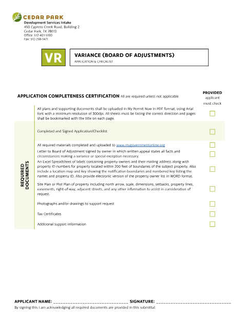 First page of the Variance (Board of Adjustment) Application
