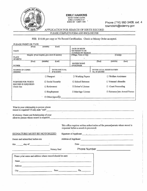 First page of the Application For Search Of Birth Record