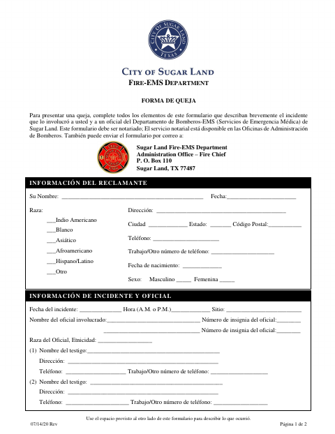 First page of the Fire-EMS Department Complaint Affidavit