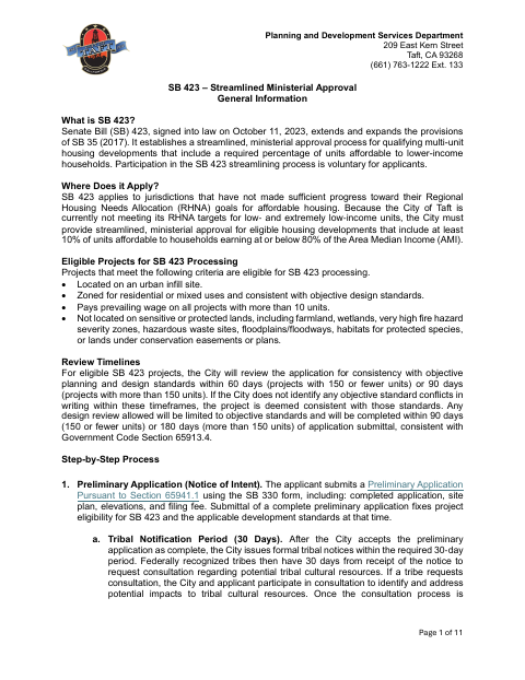 First page of the SB 423 Streamlined Ministerial Approval Application