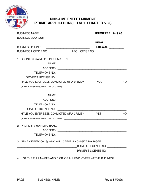 First page of the Non-Live Entertainment Permit Application