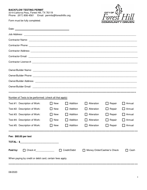 First page of the Backflow Testing Permit