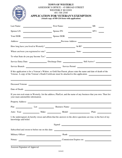 First page of the Application for Veteran’s Exemption