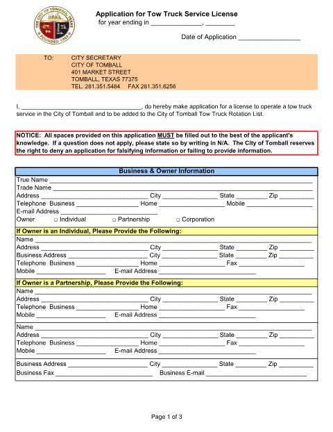 First page of the Tow Truck Service License Application