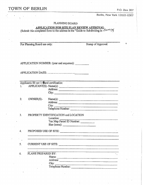 First page of the Application for Site Plan Review Approval
