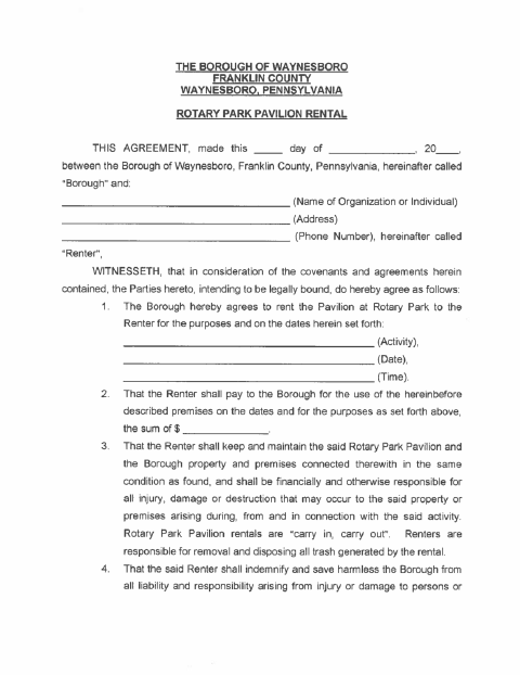 First page of the Rotary Park Pavilion Rental Agreement