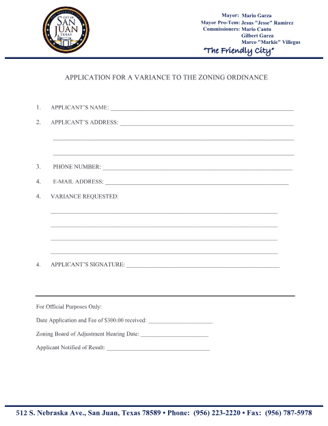 First page of the Application for a Variance to the Zoning Ordinance