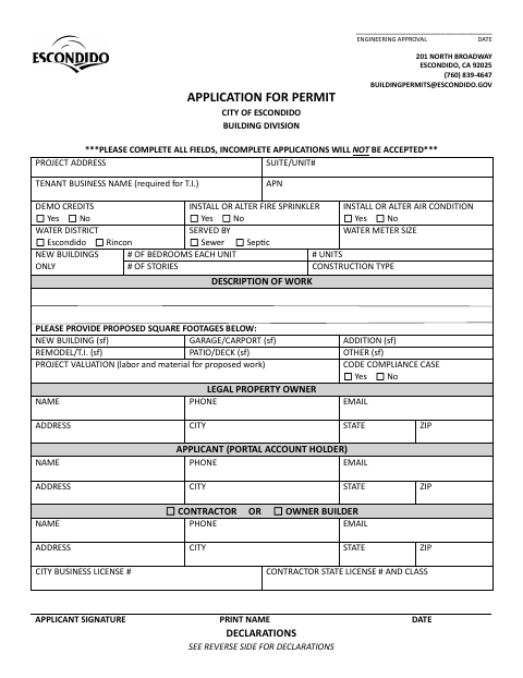 First page of the Application for Permit