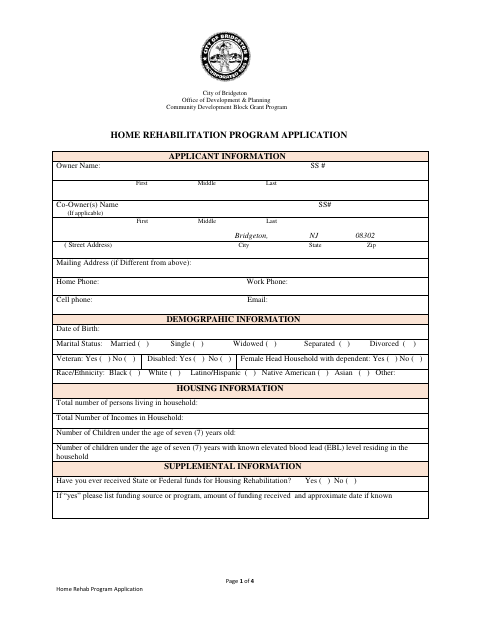 First page of the Home Rehabilitation Program Application
