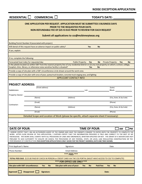 First page of the Noise Exception Application
