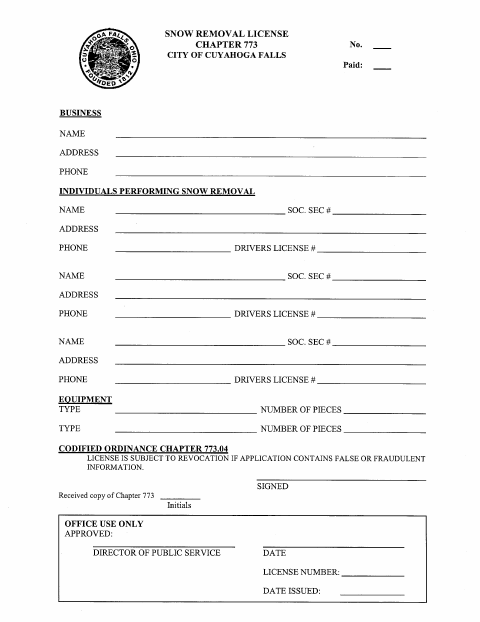 First page of the Snow Removal License