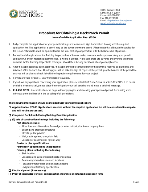 First page of the Deck/Porch Zoning/Building Permit Application