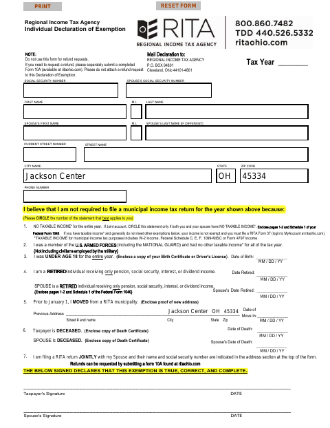 First page of the Individual Declaration of Exemption