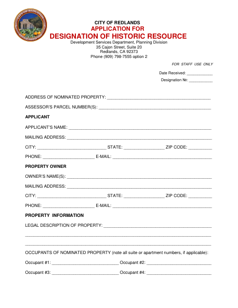 First page of the Application for Designation of Historic Resource