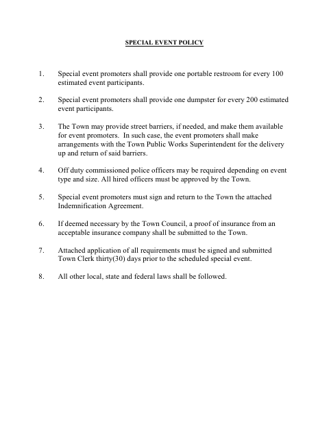 First page of the Special Event Application
