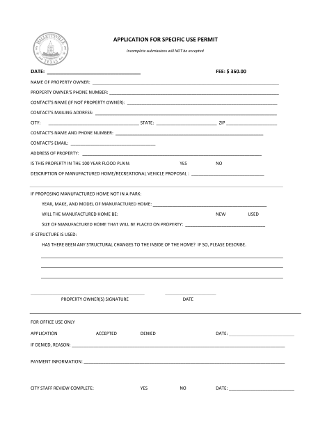 First page of the Specific Use Permit Application