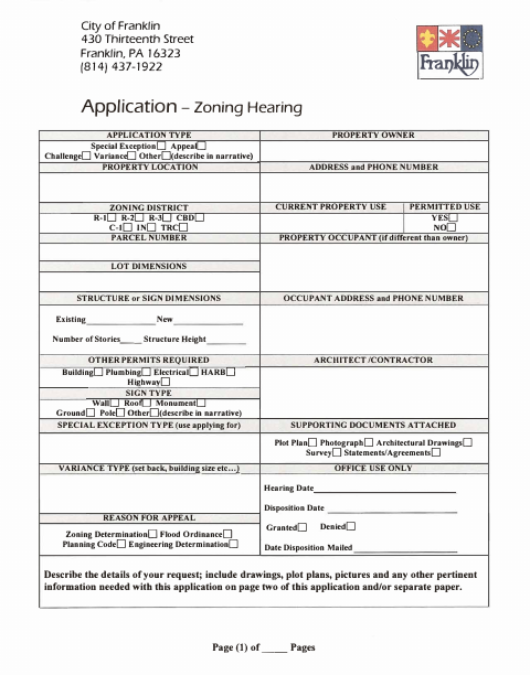 First page of the Zoning Hearing Application