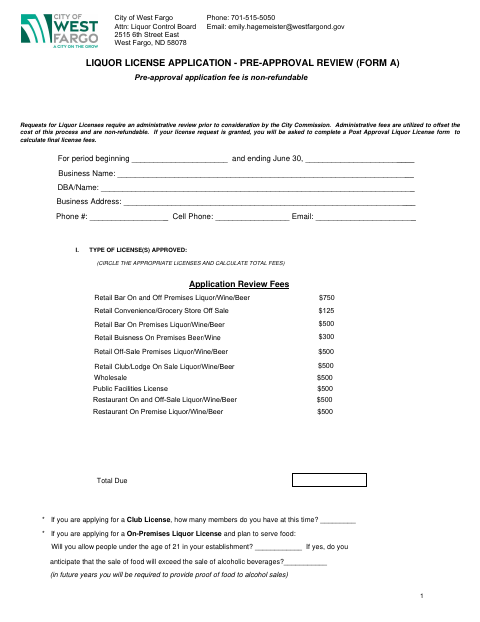 First page of the Liquor License Pre-Approval Application