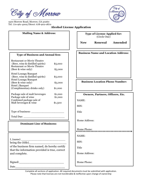 First page of the Alcohol License Application