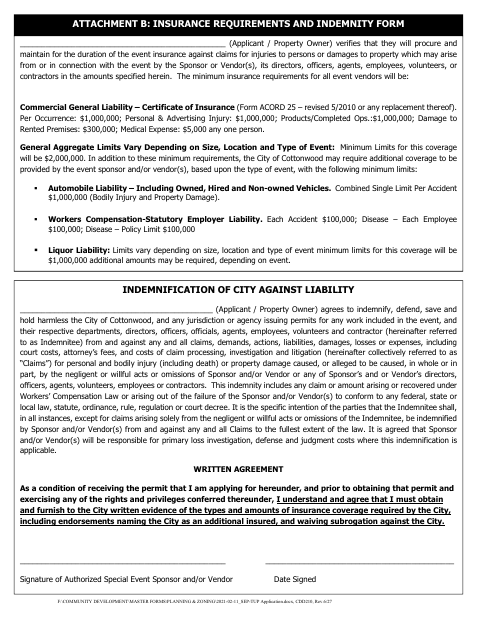 First page of the Insurance Requirements and Indemnity Form