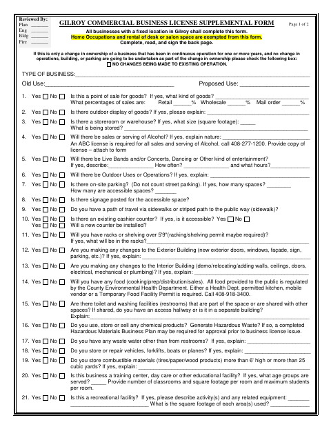 First page of the Gilroy Commercial Business License Supplemental Form