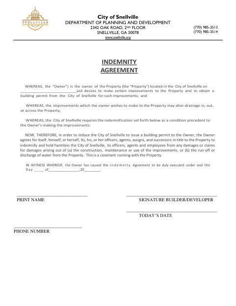 First page of the Indemnity Agreement
