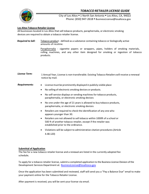 First page of the Tobacco Retailer License Guide and Application