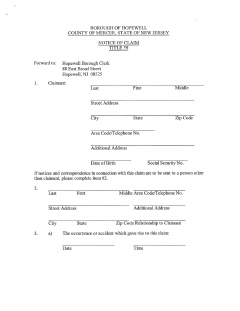 First page of the Notice of Tort Claim Form