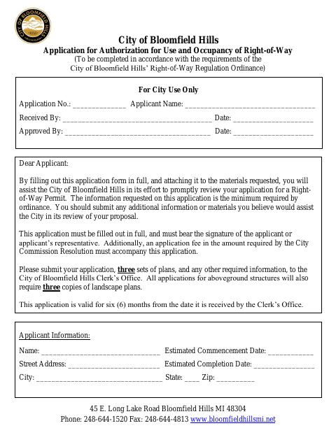 First page of the Application for Authorization for Use and Occupancy of Right-of-Way
