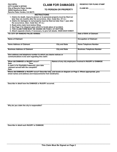 First page of the Claim for Damages to Person or Property