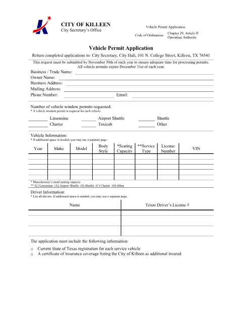 First page of the Operating Authority Vehicle Permit Application
