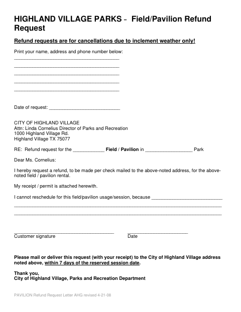 First page of the Athletic Field/Pavilion Refund Request Form