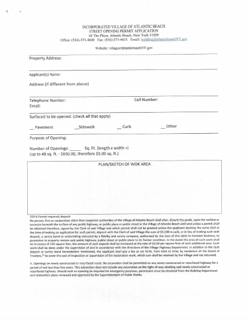 First page of the Street Opening Permit Application