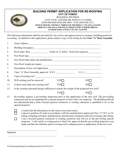 First page of the Building Permit Application for Re-Roofing