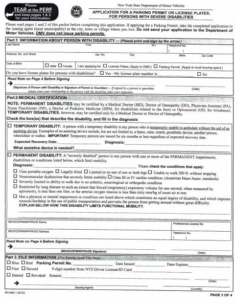 First page of the Application for a Parking Permit or License Plates for Persons With Severe Disabilities